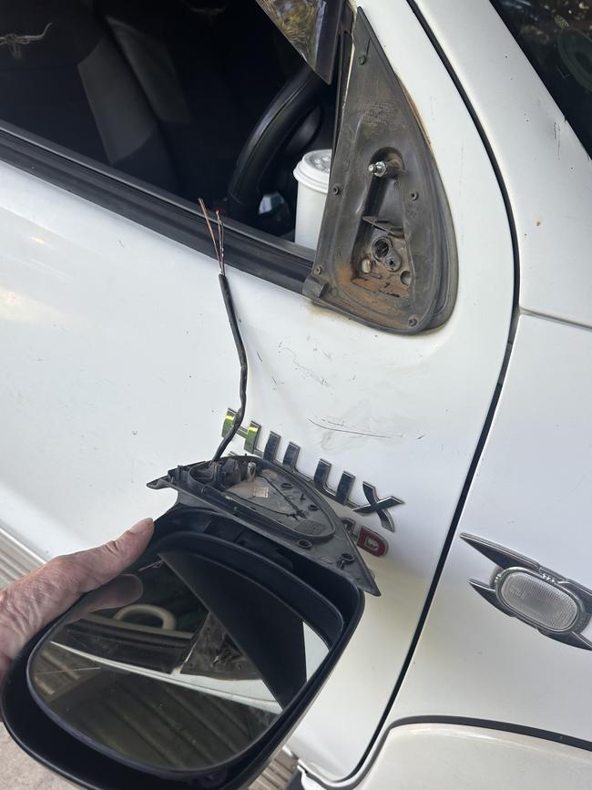 The side mirror was smashed off Steve 'Croc Turnbull' Turnbull's Toyota HiLux. Photo: Supplied