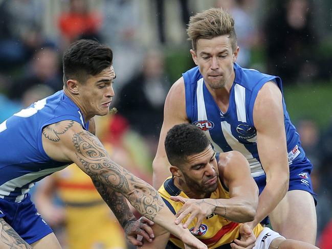 AFL: North Melbourne vs. Adelaide, Blundstone Arena: Adelaide's Curtly Hampton is swamped by North melbourne defenders Picture: LUKE BOWDEN