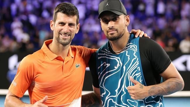 MELBOURNE, JANUARY 13, 2023: Nick Kyrgios and Novak Djokovic meet on Rod Laver Arena for the Arena Showdown, the finale of the Australian OpenÃs Perfect Practice series. Picture: Mark Stewart