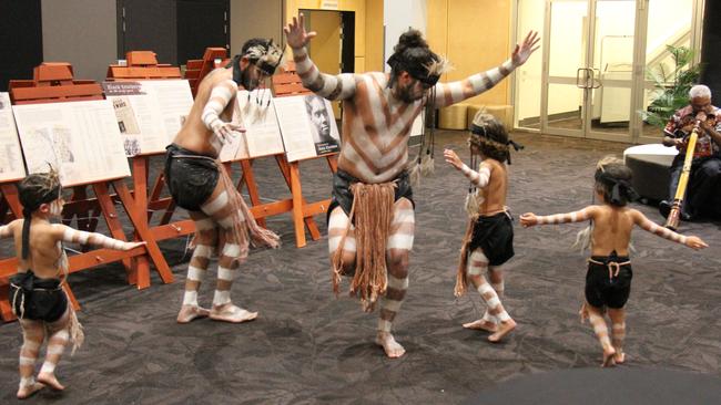 Invited guests to the launch of the book Colonisation Through Black Eyes were welcomed by Indigenous dancers. Picture Rodney Stevens