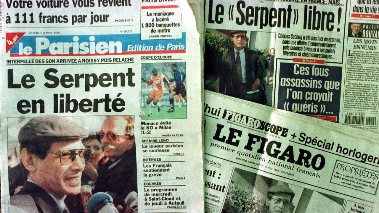 Headlines in Paris newspapers after the release of Charles Sobhraj from Indian prison &amp; his subsequent return to France in 1997. Picture: Supplied