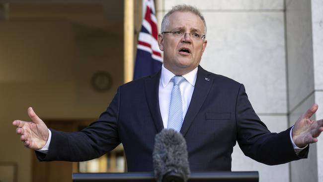 Prime Minister Scott Morrison during a press conference at Parliament House in Canberra, talking about the future of the Job Seeker and job Keeper programs. Picture: NewsWire/Gary Ramage