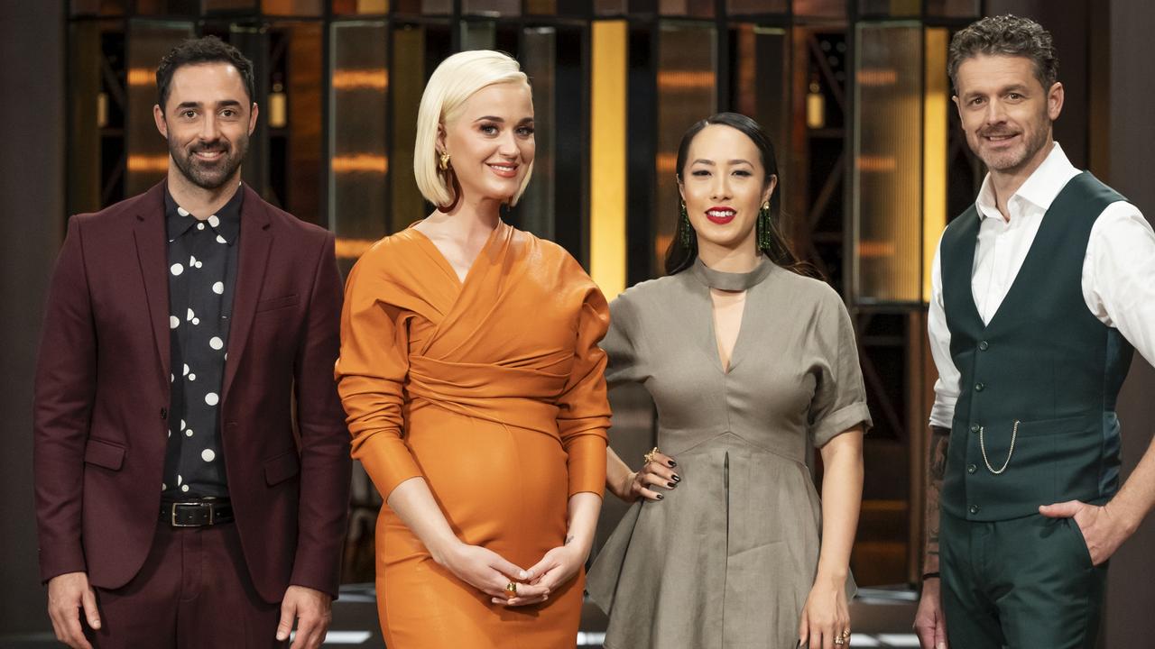 Katy Perry appears as a guest judge on MasterChef Australia 2020 alongside the show's judges Andy Allen, Melissa Leong and Jock Zonfrillo. Picture: Channel 10/Supplied