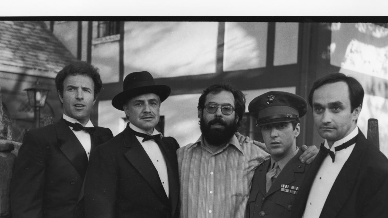 James Caan, Marlon Brando, Francis Ford Coppola, Al Pacino and John Cazale behind the scenes on The Godfather.