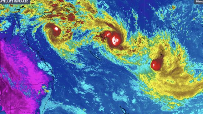 Rare satellite image of three cyclones circling in South Pacific Ocean. Image: Weatherzone