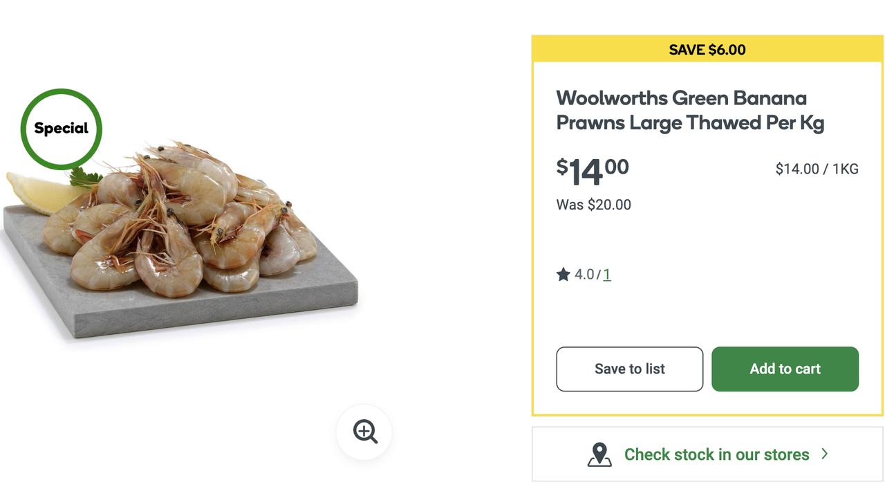 Banana prawns are $14 a kilo. Picture: Woolworths.