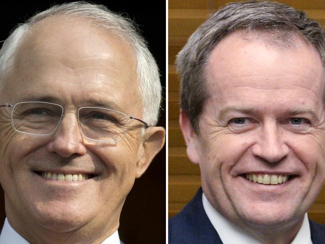 FILE - This combination of file photos from April 15, 2016, and July 8, 2014, shows Australian Prime Minister Malcolm Turnbull, left, and Australian opposition leader Bill Shorten. Australian Prime Minister Malcolm Turnbull's popularity dipped slightly in a poll published Monday, May 23, 2016, two weeks into what appears to be a tight campaign ahead of July 2 general elections. Some 46 percent said they preferred Turnbull over opposition leader Bill Shorten, down 3 percentage points from the last poll two weeks ago, according to the survey by Sydney-based market researcher Galaxy. (AP Photo/Files)