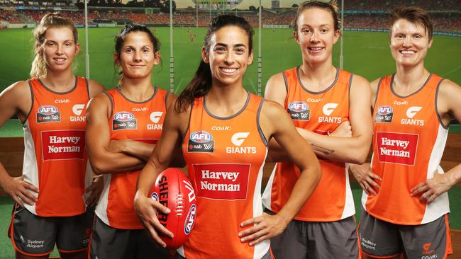 The GWS Giants leadership group Mandy Collier, Jessica Dal Pos, Amanda Farrugia (captain), Emma Swanson (vice-captain), and Jessica Bibby. Picture: Mark Evans