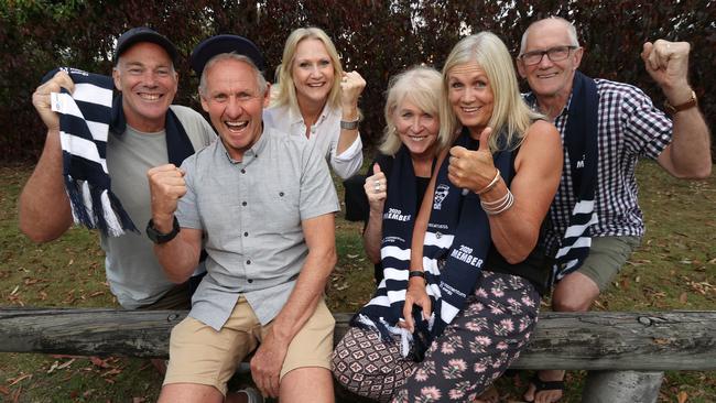 Geelong parents John and Janette Dangerfield (sitting) with Bryce and Maree Selwood (right) and Andrew and Suzanne Guthrie, who all quarantined together in Darwin prior to arriving in Queensland. Picture: Michael Klein