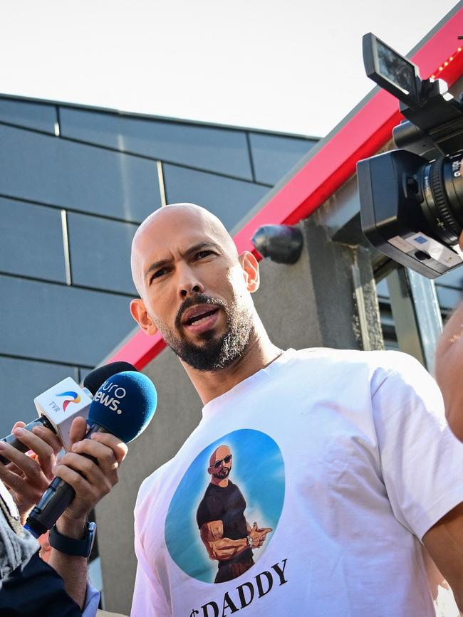 Andrew Tate after the 10-hour long raid by police at the brothers’ Bucharest home in 2024. Picture: AFP