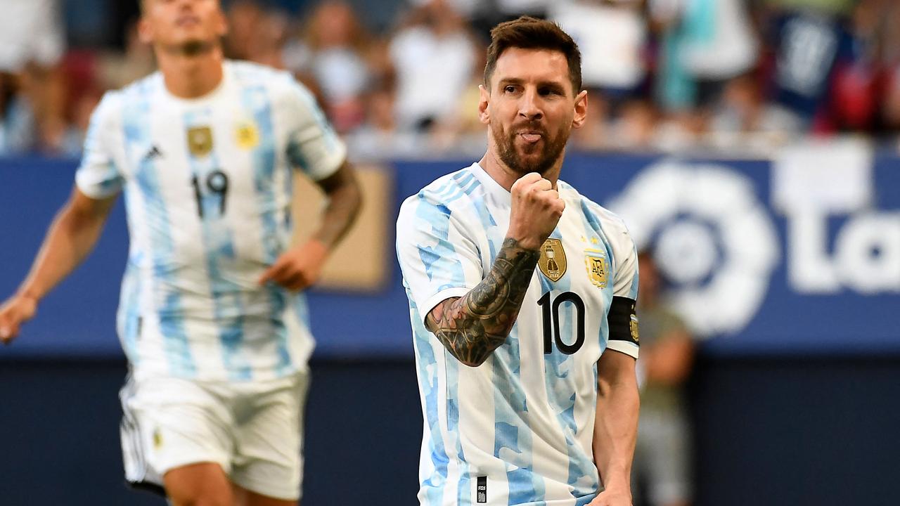 Argentina’s forward Lionel Messi celebrates. (Photo by ANDER GILLENEA / AFP)