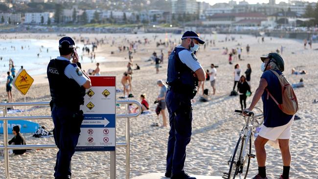 Police patrolling Bondi Beach during lockdown. Picture: Damian Shaw