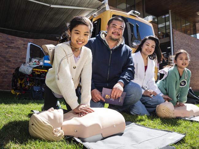 At the UniSQ mobile simulation unit display are (from left) Ellie, Sonny, Ying and Latisha Maniphonh at Open Day at UniSQ, Sunday, August 18, 2024. Picture: Kevin Farmer