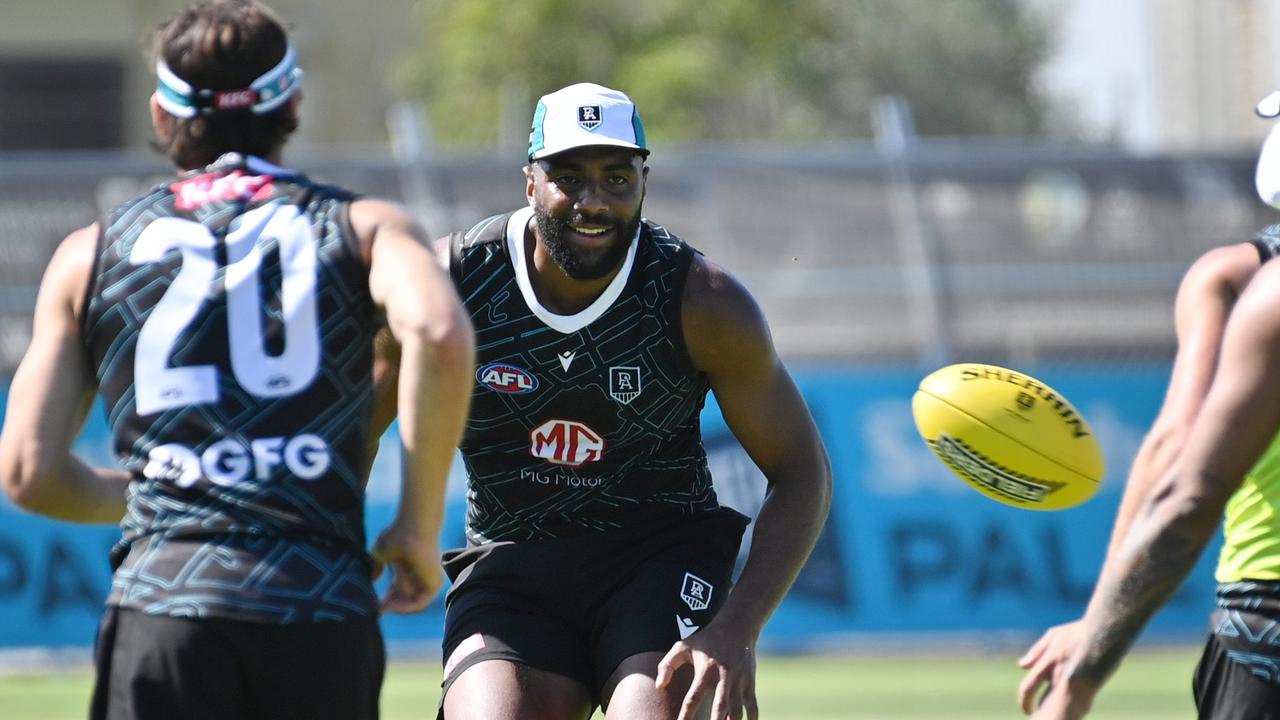 Esava Ratugolea in traffic during Port Adelaide’s training session on Wednesday. Picture: Keryn Stevens.