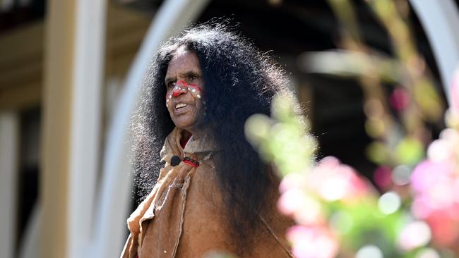 Traditional owner Maroochy Barambah performs a song at Parliament House in Brisbane. Picture: NCA NewsWire / Dan Peled