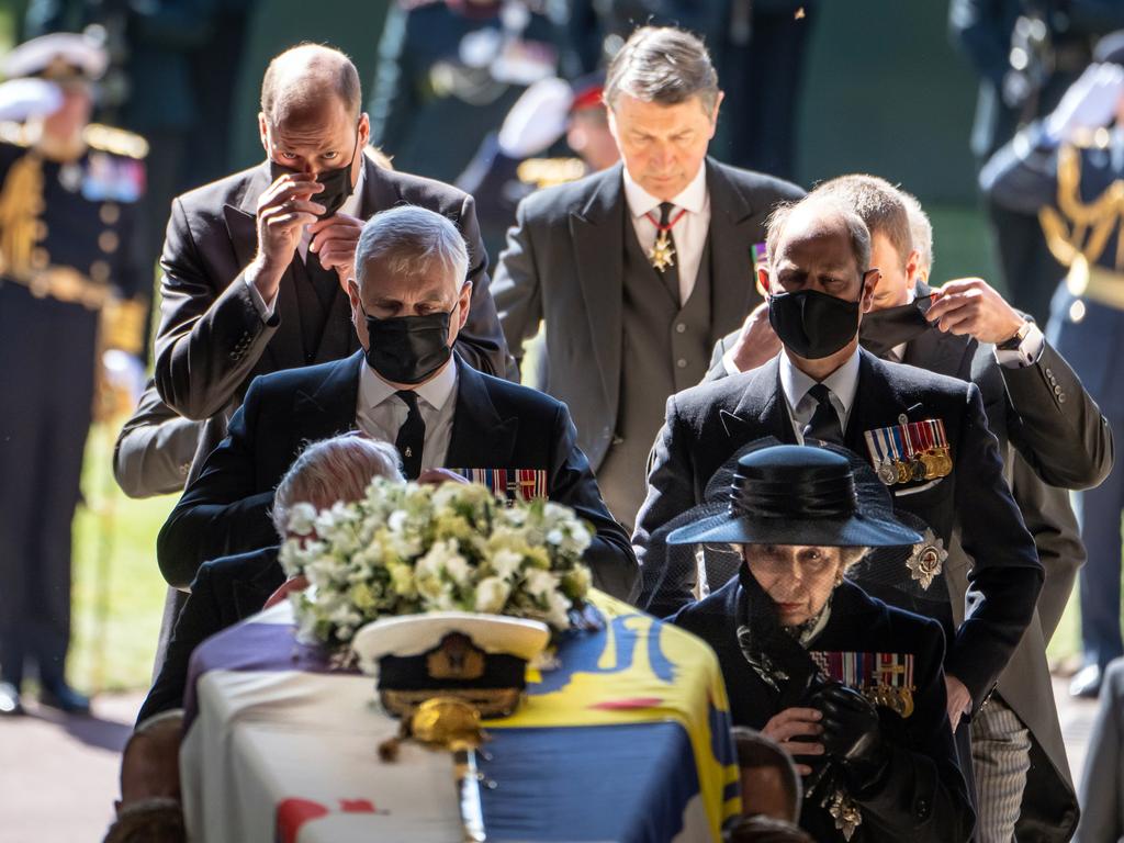 Princess Anne, Prince Charles, Prince Andrew, Prince Edward, Prince William, and Vice-Admiral Sir Timothy Laurence follow the coffin of Prince Philip. Philip: Getty Images