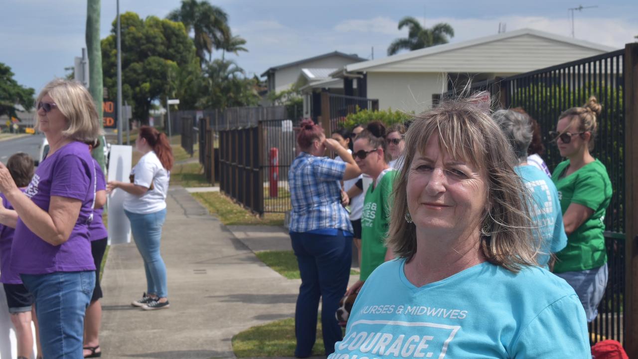 Queensland Nurses and Midwives' Union Mackay organiser Sharon Eaton outside Glenella Care protesting better pay for nurses, October 25, 2021. Picture: Matthew Forrest