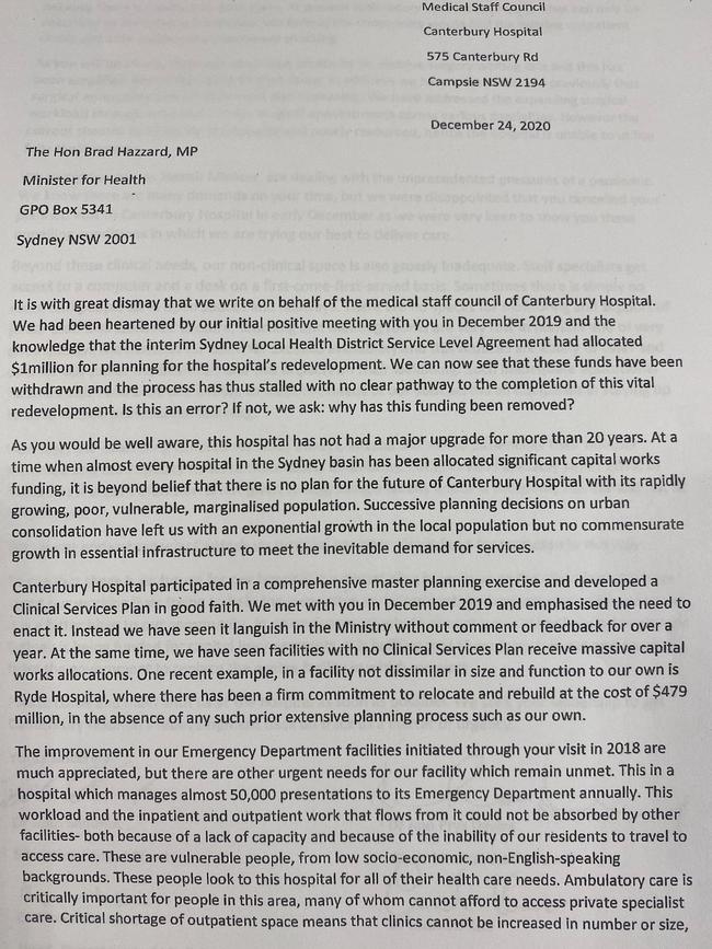 A letter sent to Brad Hazzard signed by 60 senior doctors. Picture: Supplied