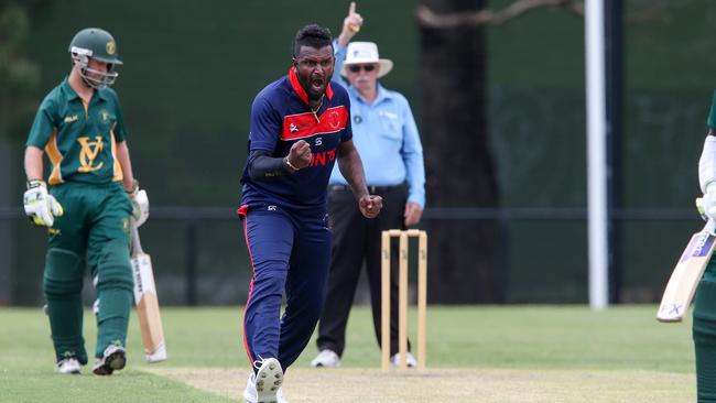 VTCA: Arosh Janoda gets the wicket of Justin Bramble. Picture: George Sal