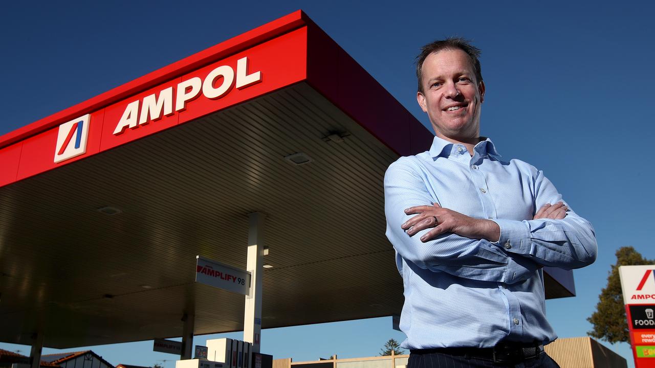 Ampol CEO Matthew Halliday pictured outside the first rebranded Ampol service station on Parramatta Rd in Concord. Caltex is rebranding to Ampol after the American brand exited Australia. Picture: Toby Zerna