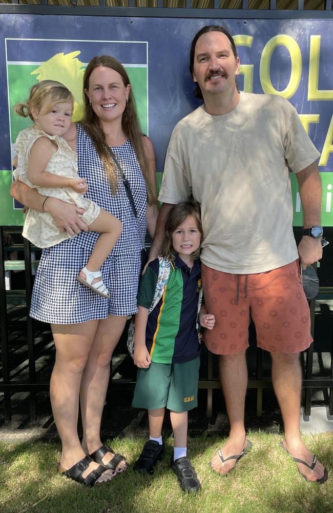 Paisley, Katie, Riley, and Nathan on Riley's first day of school at Golden Beach State School. Picture: Iwan Jones