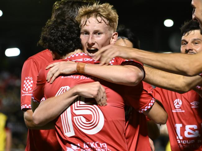 Alex Hird celebrates a goal for Melbourne Knights. Picture: Gem Photography