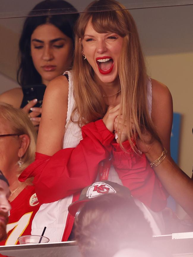 Taylor Swift reacts during a game between the Chicago Bears and the Kansas City Chiefs at Arrowhead Stadium. Picture: David Eulitt/Getty Images