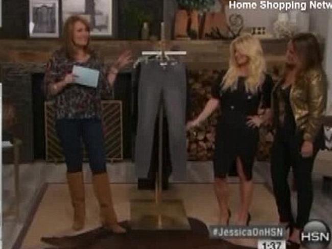 ‘Bizarre’ ... Jessica Simpson rambled on about grey jeans before wandering off air. Her mother, Tina, suddenly appeared on screen to support her daughter. Picture: Home Shopping Network