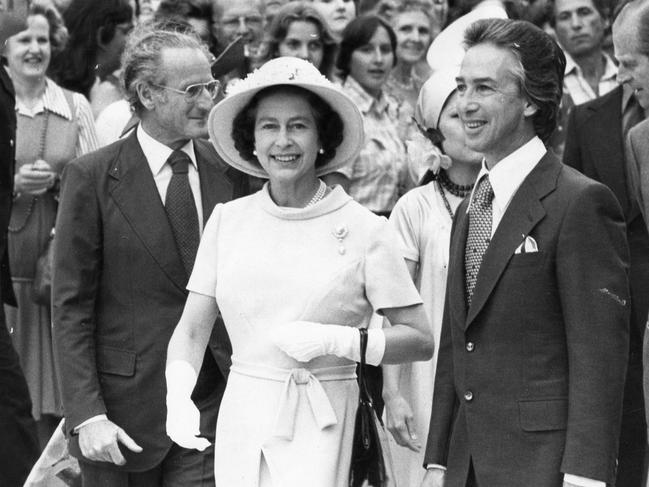 SA Premier Don Dunstan after the official opening of the Hajek sculptures and the Southern Plaza with the chairman of the Adelaide Festival Centre Trust, David Wynn, at her left.