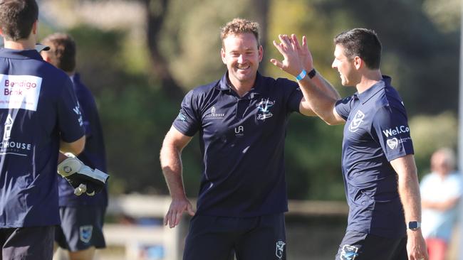 Barwon Heads FC vs Barwon Heads CC cricket match. Joel Selwood playing for the football team and Fox Sports commentator Mark Howard playing for the cricket team.Picture: Mark Wilson