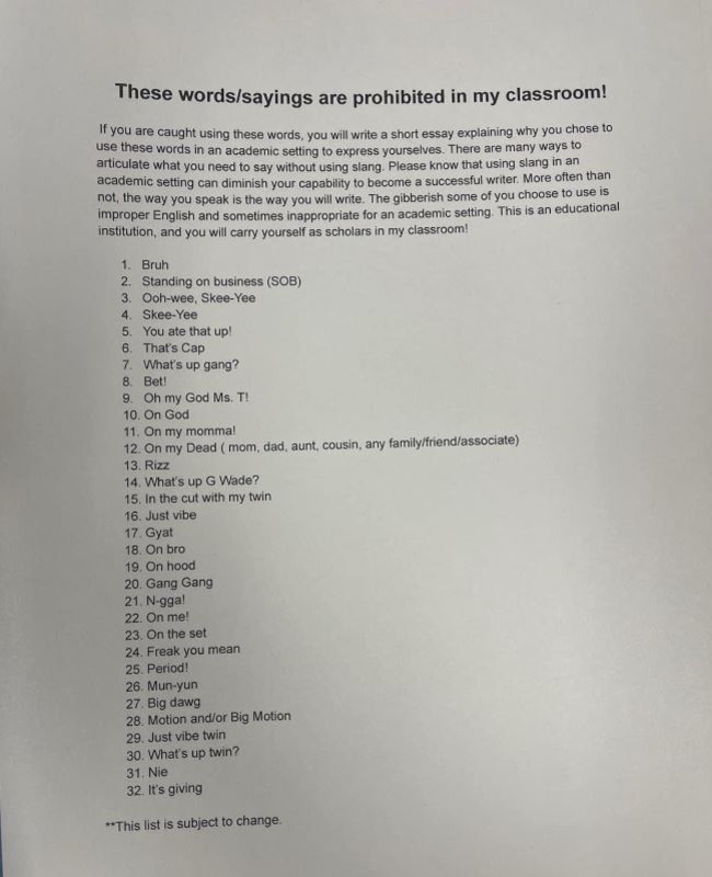 A teacher’s list of banned words has gone viral. Picture: @hearts4zaniyahh/X