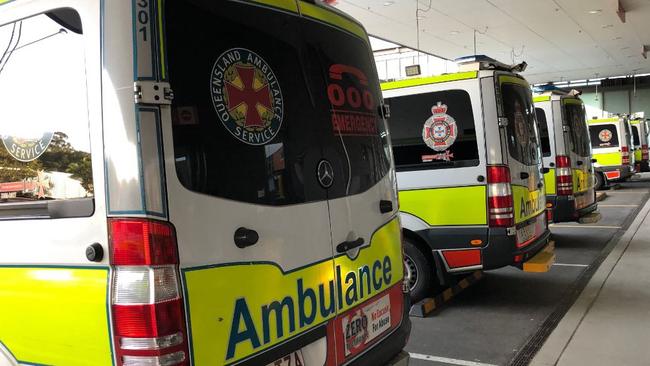 Ambulances parked at the Gold Coast University Hospital — as the ramping issue becomes a problem again.