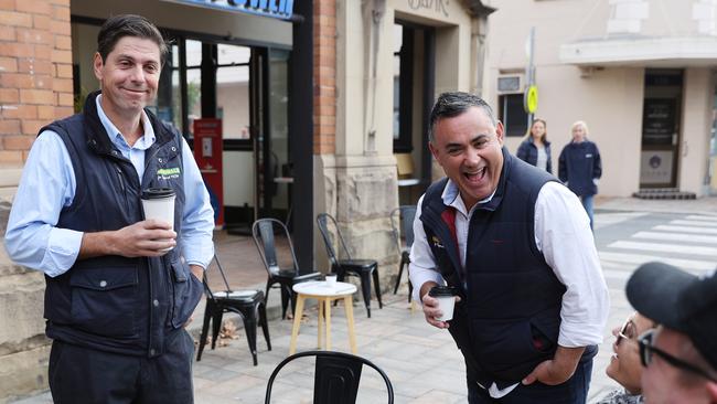 Mr Layzell with Deputy Premier John Barilaro and Dave Layzell at a coffee shop in Singleton talking to constituents. Picture: David Swift