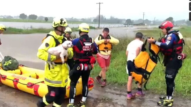 Two men and their dog, Cookie, were rescued from a ute caught in floods in Kempsey. Picture: NSW Fire and Rescue.