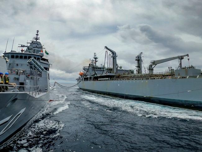 HMAS Sirius conducts a replenishment at sea with HMAS Anzac in the Makassar Strait.Two Royal Australian Navy ships, HMA Ships Anzac (III) and Sirius, are conducting a two-month deployment throughout the Northeast Indian Ocean and Southeast Asia. Led by Anzac, the task group will conduct a number of bilateral and multilateral activities including participating in Exercise La Perouse, a French-led multilateral maritime exercise in the Northeast Indian Ocean. This deployment is part of the Australian Defence Force’s robust and long-standing program of international engagements, and demonstrates Australia’s commitment to working with regional partners to address shared challenges, including our region’s maritime security. Picture: Australian Defense