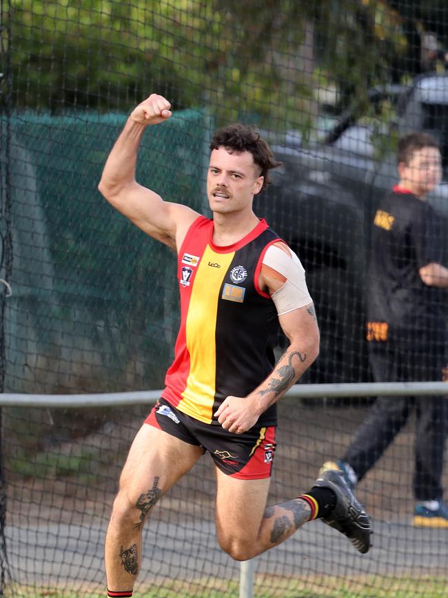 St Joseph's Mitch Chafer celebrates a goal. St Joseph's v Bell Park GFNL Football. Picture: Alan Barber