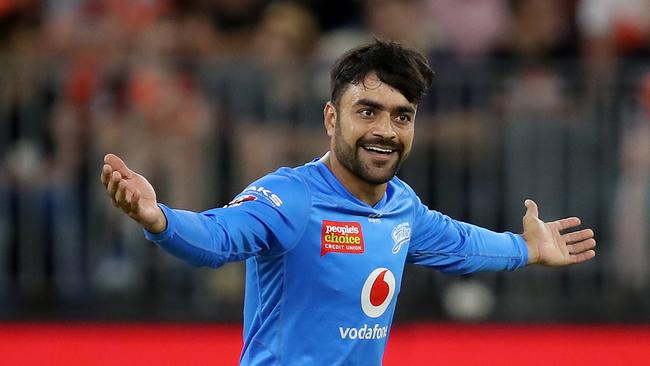 Rashid Khan of the Strikers celebrates taking the wicket of Cameron Bancroft of the Scorchers during the Big Bash League (BBL) cricket match between the Perth Scorchers and Adelaide Strikers at Optus Stadium in Perth, Friday, January 24, 2020. (AAP Image/Gary Day) NO ARCHIVING, EDITORIAL USE ONLY, IMAGES TO BE USED FOR NEWS REPORTING PURPOSES ONLY, NO COMMERCIAL USE WHATSOEVER, NO USE IN BOOKS WITHOUT PRIOR WRITTEN CONSENT FROM AAP