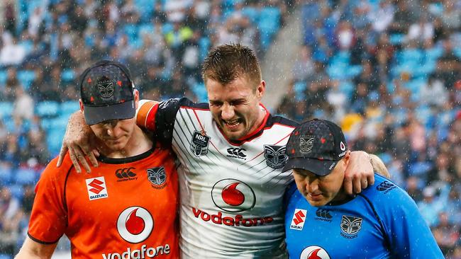 GOLD COAST, AUSTRALIA - JUNE 10: Kieran Foran of the Warriors suffers an injury during the round 14 NRL match between the Gold Coast Titans and the New Zealand Warriors at Cbus Super Stadium on June 10, 2017 in Gold Coast, Australia. (Photo by Jason O'Brien/Getty Images)
