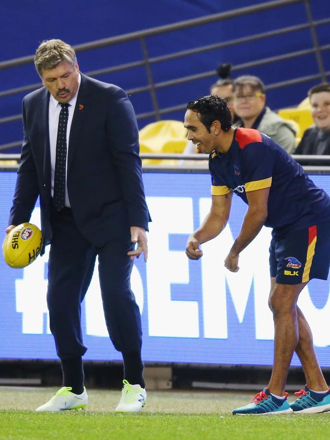Eddie Betts shows Brian Taylor his moves. Picture: Getty
