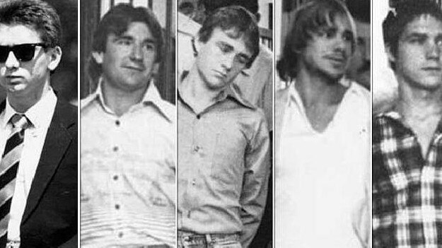 The five men who murdered Anita Cobby in 1986. From left: John Travers, Michael Murphy, Leslie Murphy, Gary Murphy and Michael Murdoch.