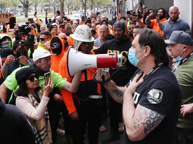 The CFMEU’s John Setka attempts to calm the crowd. Picture: David Crosling