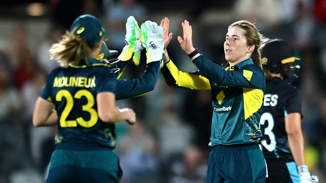 Australia’s Georgia Wareham celebrates dismissing Georgia Plimmer during game two of the Women's T20 International Series between Australia and New Zealand at Great Barrier Reef Arena. (Photo by Albert Perez/Getty Images)