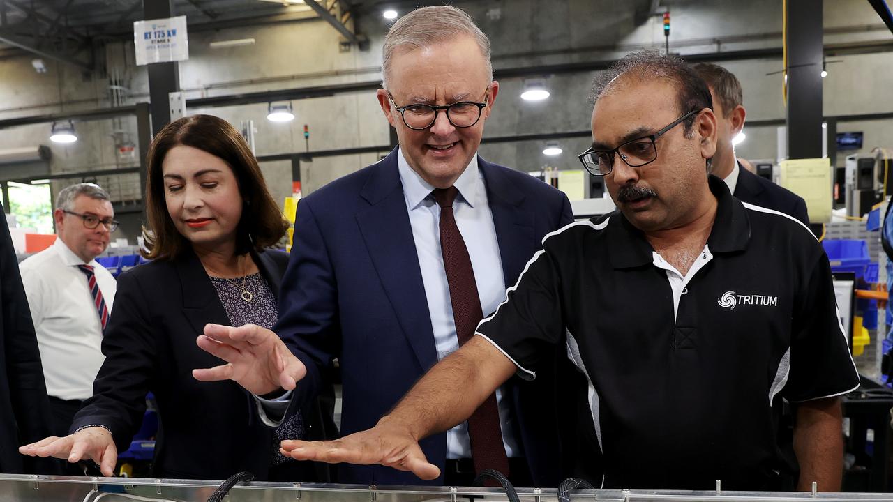 Prime Minister Anthony Albanese visiting Tritium factory in Brisbane on the election trail in 2022 with former MP Terri Butler (left) and Tritium employee Chandra Kachana, right. Picture: Toby Zerna