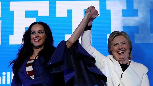 Pop star Katy Perry gives her “roar” of approval to Democratic presidential nominee Hillary Clinton. (Pic: Justin Sullivan/Getty)