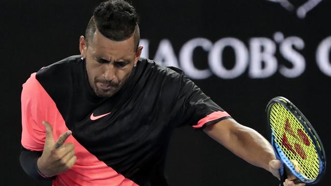 Nick Kyrgios celebrates after his win over Jo-Wilfried Tsonga. Picture: AP Photo