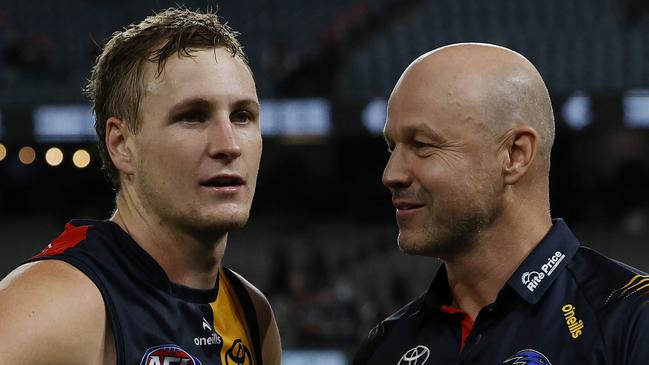 MELBOURNE , AUSTRALIA. April 13, 2024.  AFL. Round 5. Carlton vs Adelaide at Marvel Stadium.  Skipper Jordan Dawson and Adelaide Crows senior coach Matthew Nicks after tonights win       . Pic: Michael Klein