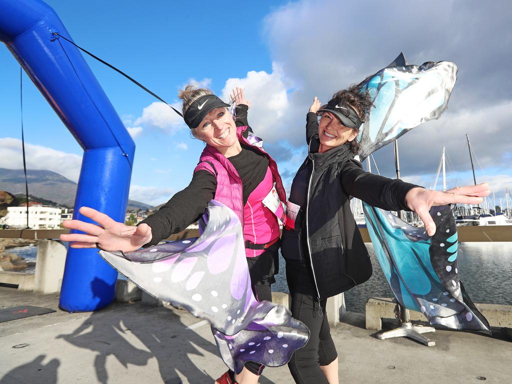 Hana Lewis (left) and Vlasta Collins with some winged assistance at the 2019 Point to Pinnacle. Picture: LUKE BOWDEN