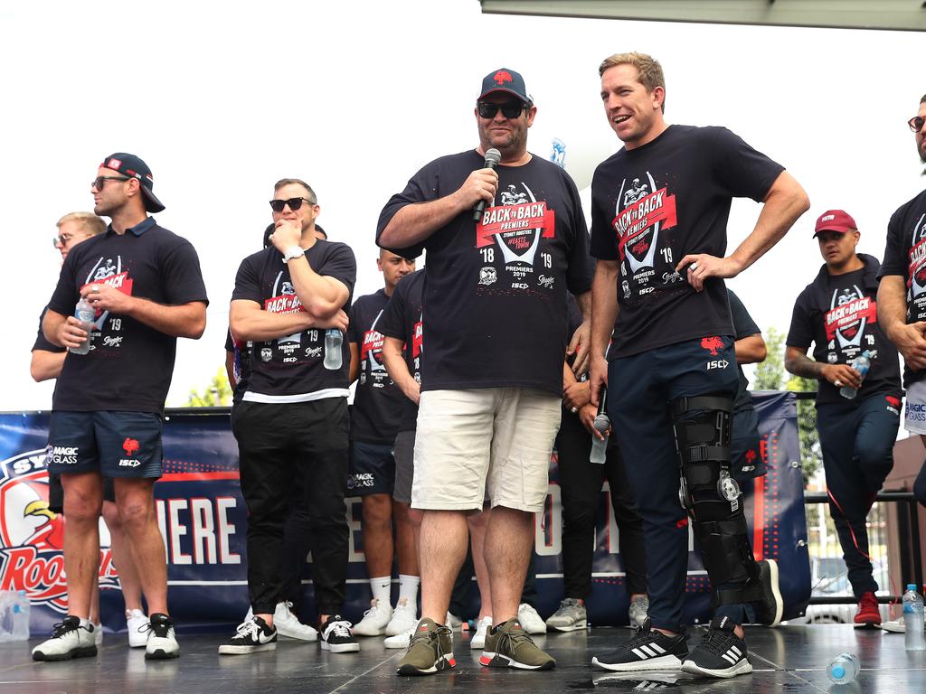 Roosters Mitchell Aubusson during the Sydney Roosters fan day outside the Hordern Pavilion, Sydney after the Roosters 2019 NRL Premiership win. Picture: Brett Costello