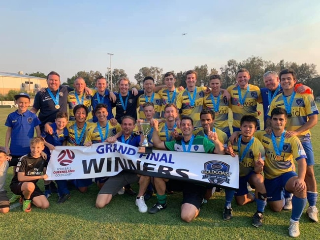 Broadbeach United celebrate their grand final win over Palm Beach in the Premier League Reserves.