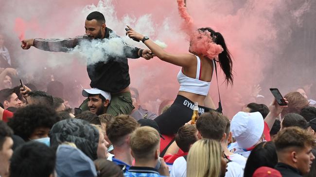 England fans gather in Leicester Square ahead of the UEFA EURO 2020 final. Picture; AFP.